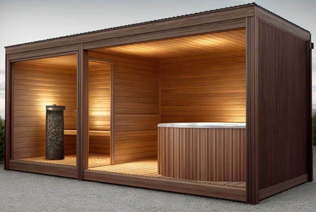 Sauna z termodrewna Dream Plus 230×540 cm z otwartą strefą relaksu + balia 2