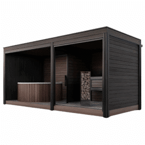 Sauna z termodrewna Dream Plus 230×540 cm z otwartą strefą relaksu + balia