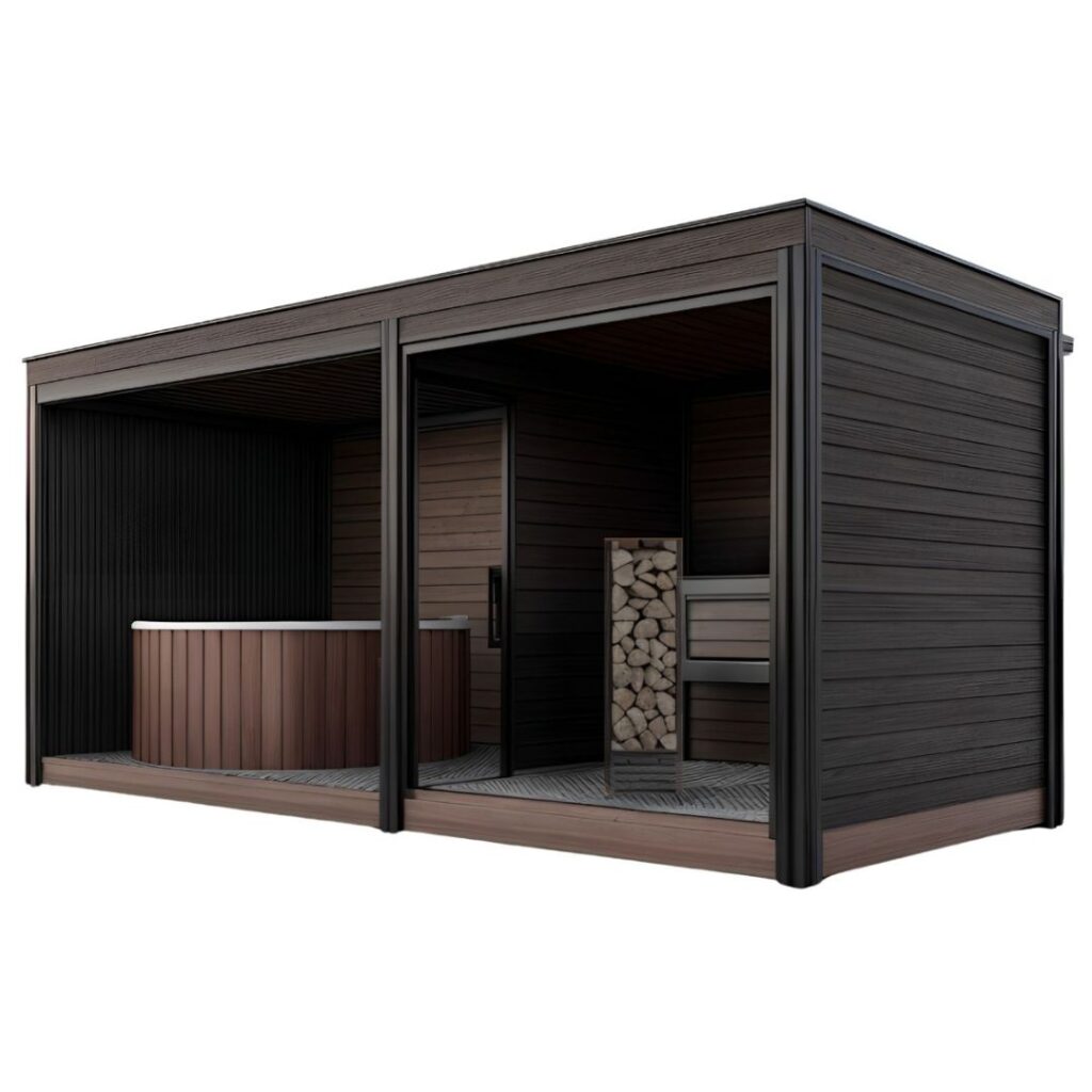 Sauna Dream Plus z termodrewna 230x540 cm z otwartą strefą relaksu - przestronny model ogrodowy z balią